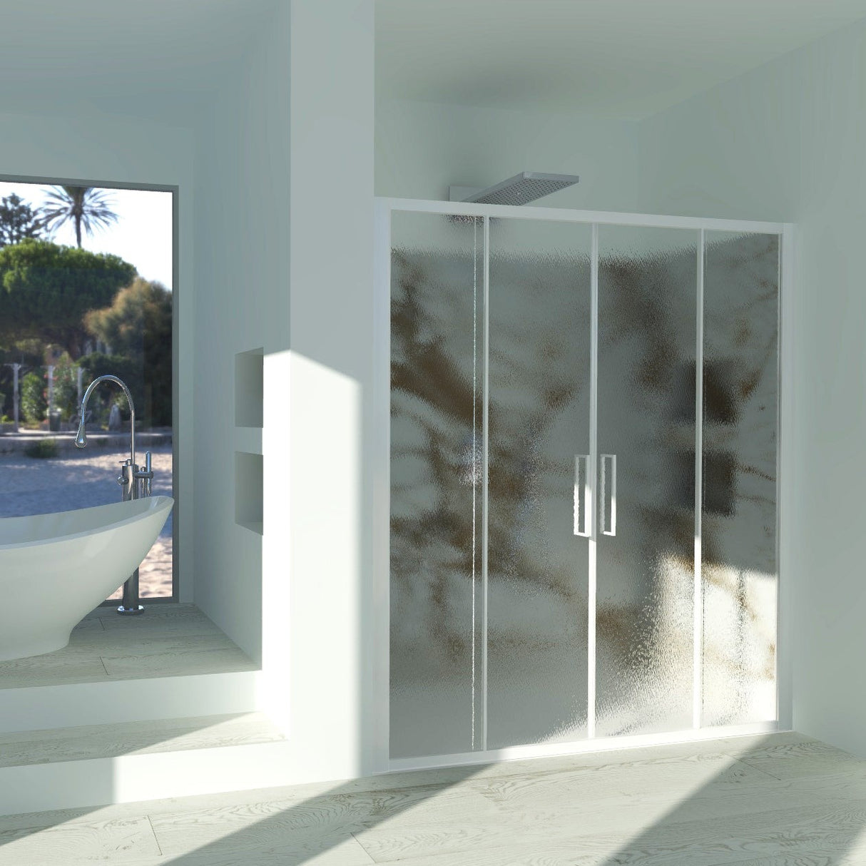 Shower Enclosure in Niche DALIA N.2FS Central Opening with 4 Doors - Tempered C Printed Glass 4 mm Opaque White Profile