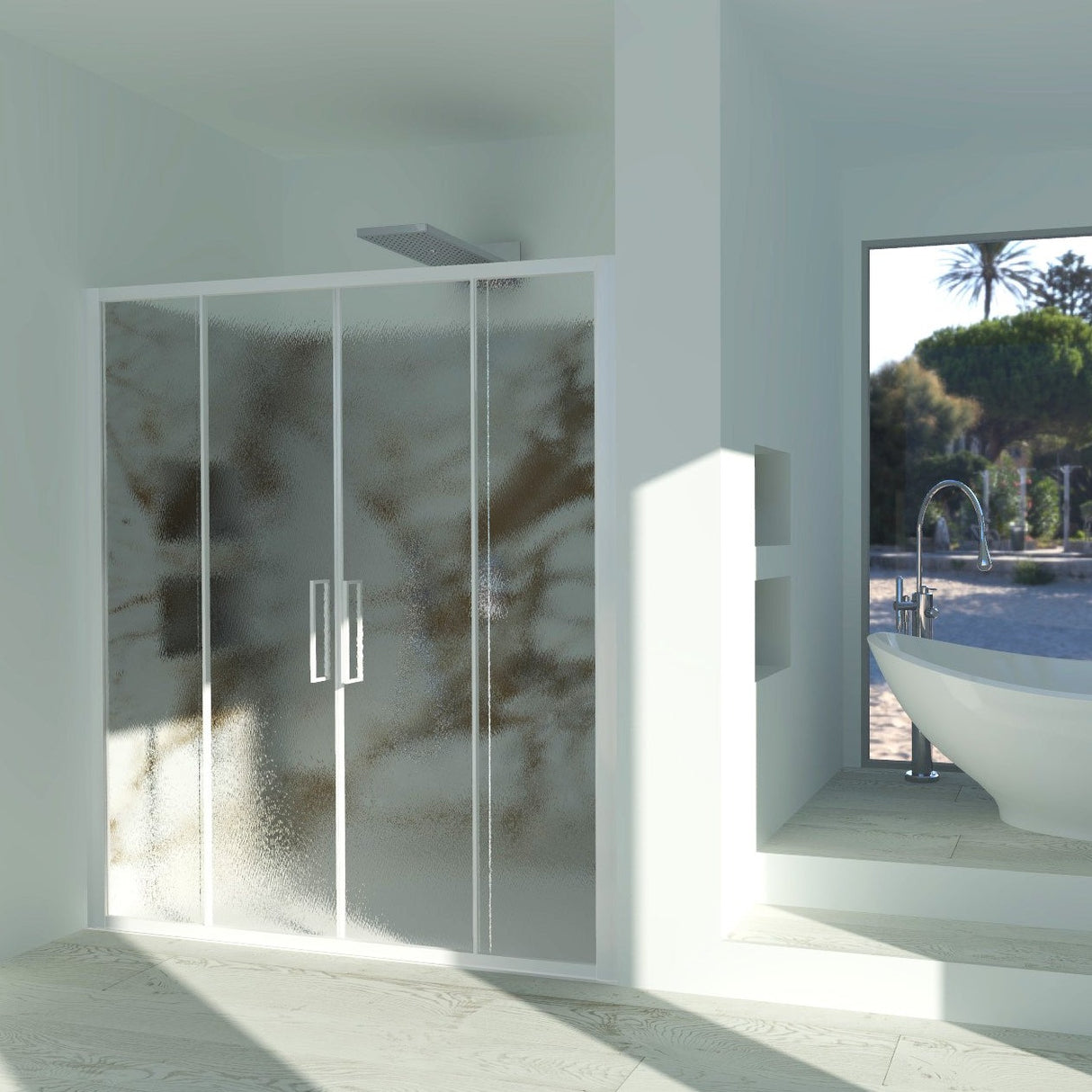 Shower Enclosure in Niche DALIA N.2FS Central Opening with 4 Doors - Tempered C Printed Glass 4 mm Opaque White Profile