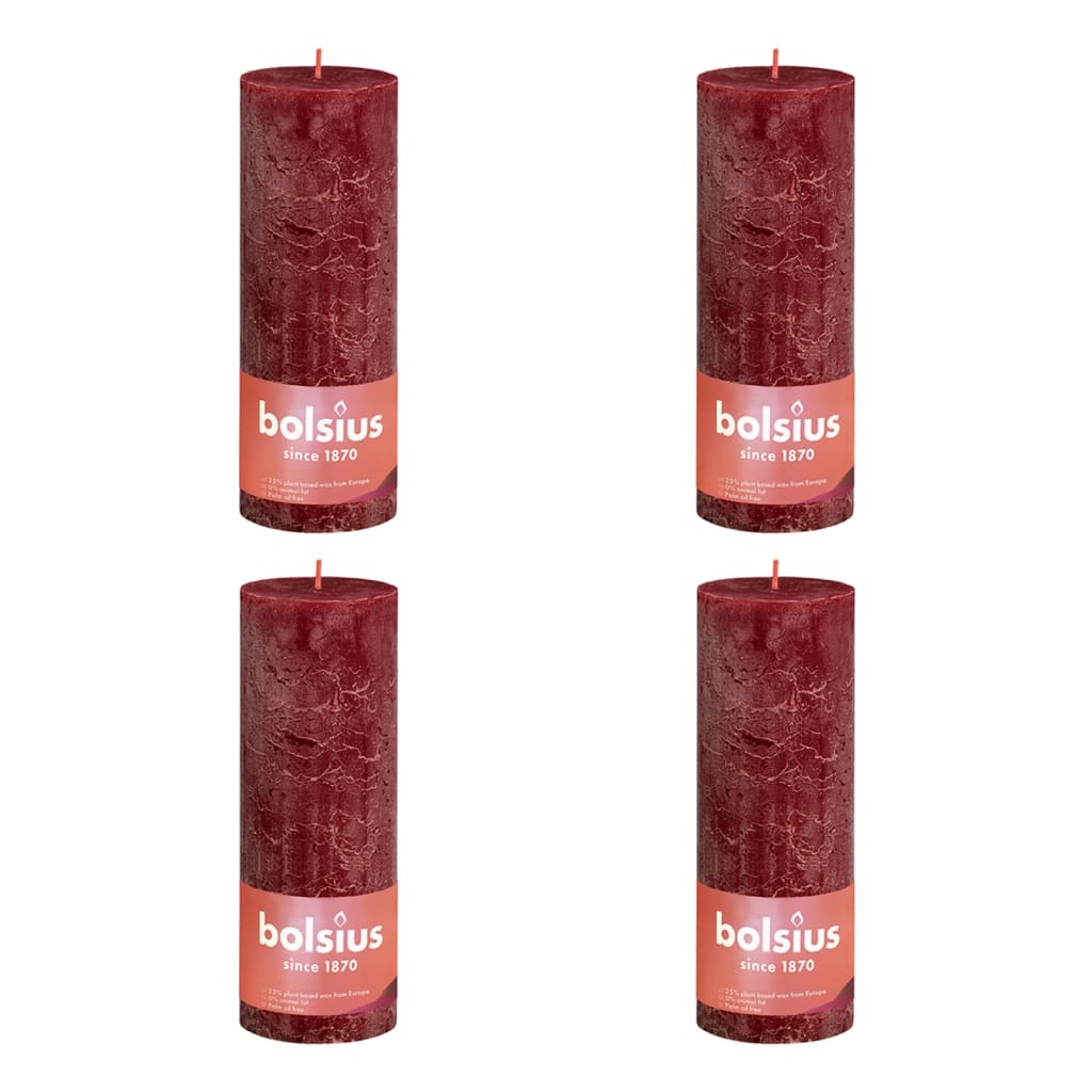 Bolsius Candele Rustiche a Colonna Shine 4 pz 190x68mm Rosso Vellutato