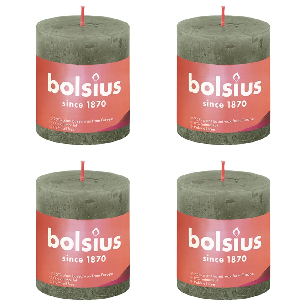 Bolsius Candele Rustiche a Colonna 4 pz 80x68 mm Verde Oliva