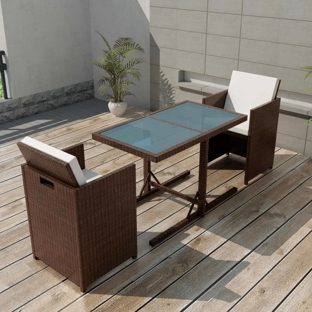 Set da Bistrot 3 pz con Cuscini in Polyrattan Marrone