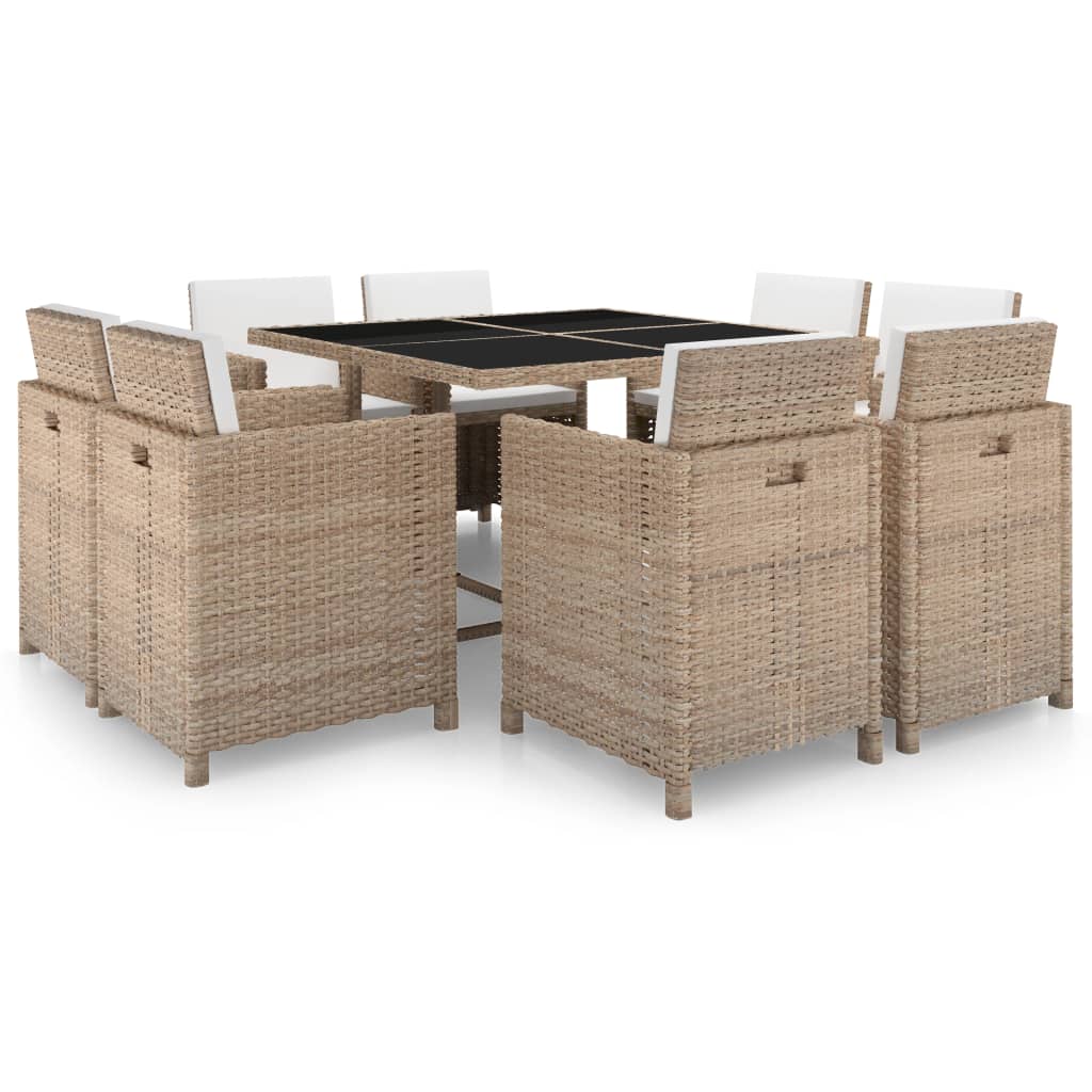 Set da Pranzo da Giardino 9 pz con Cuscini in Polyrattan Beige