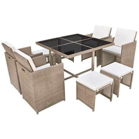 Set da Pranzo da Giardino 9 pz con Cuscini in Polyrattan Beige