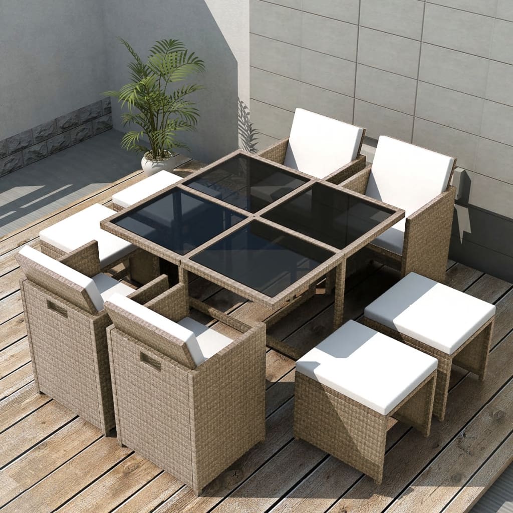 Set da Pranzo da Giardino 9 pz con Cuscini in Polyrattan Beige