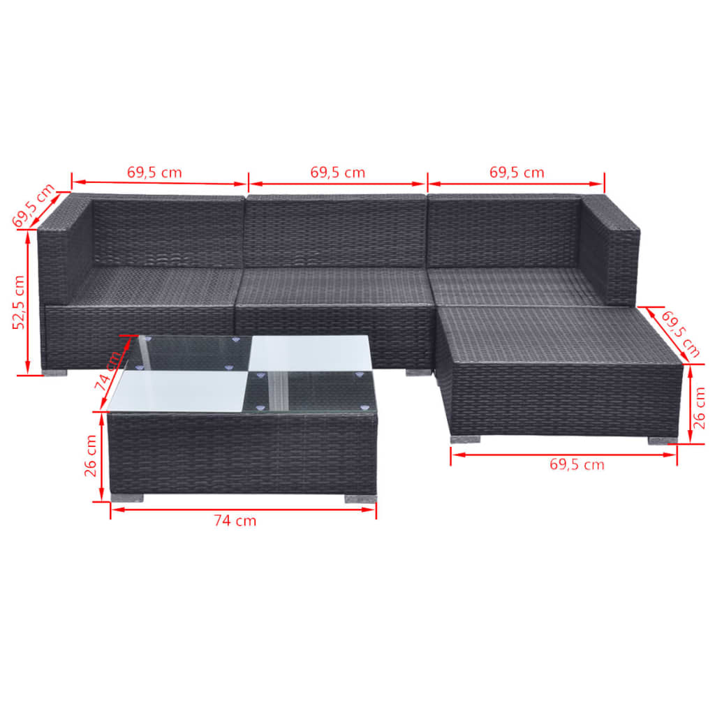 Set Divani da Giardino 5 pz con Cuscini in Polyrattan Nero