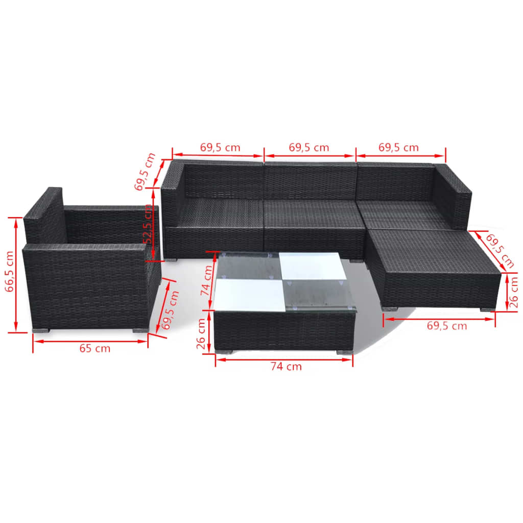 Set Divani da Giardino 6 pz con Cuscini in Polyrattan Nero