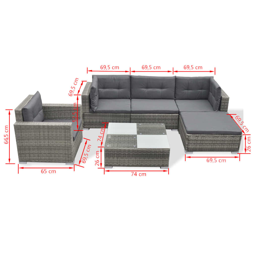 Set Divani da Giardino 6 pz con Cuscini in Polyrattan Grigio