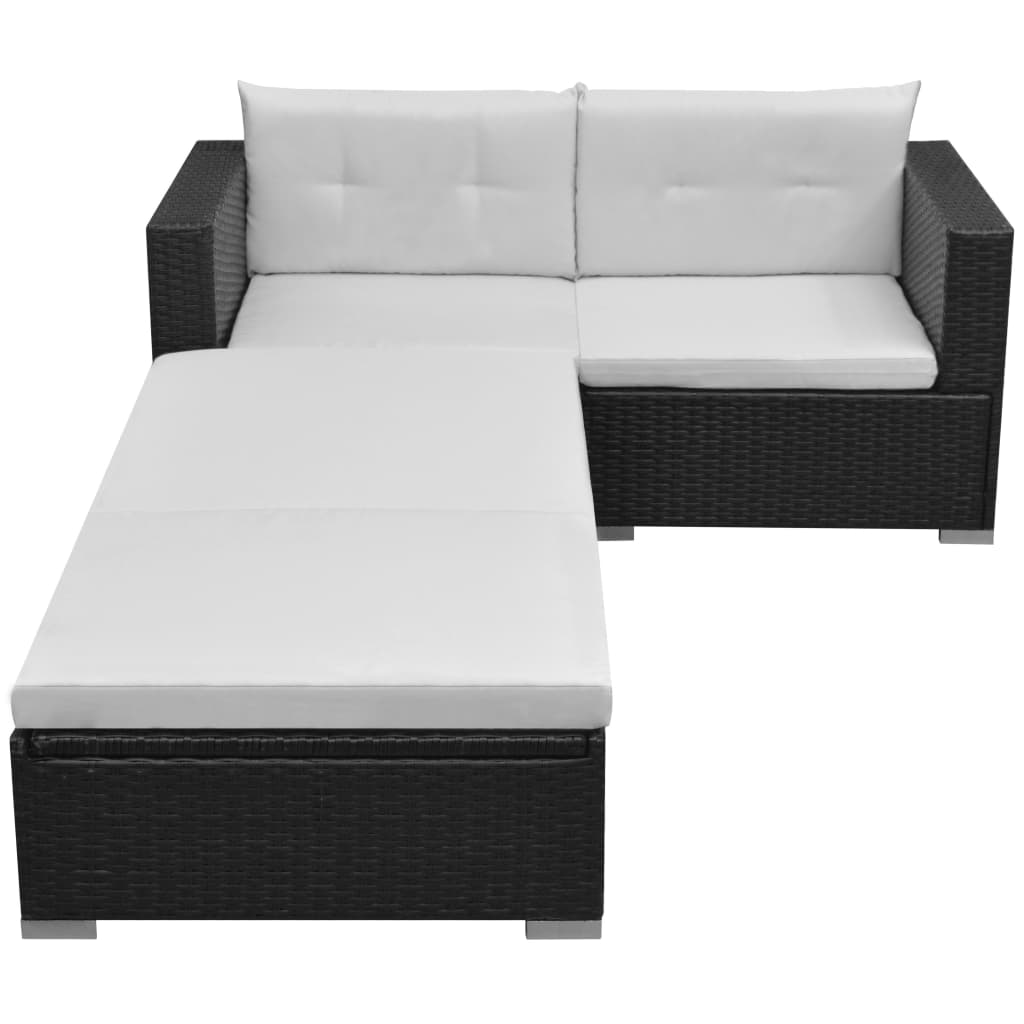 Set Divani da Giardino 3 pz con Cuscini in Polyrattan Nero