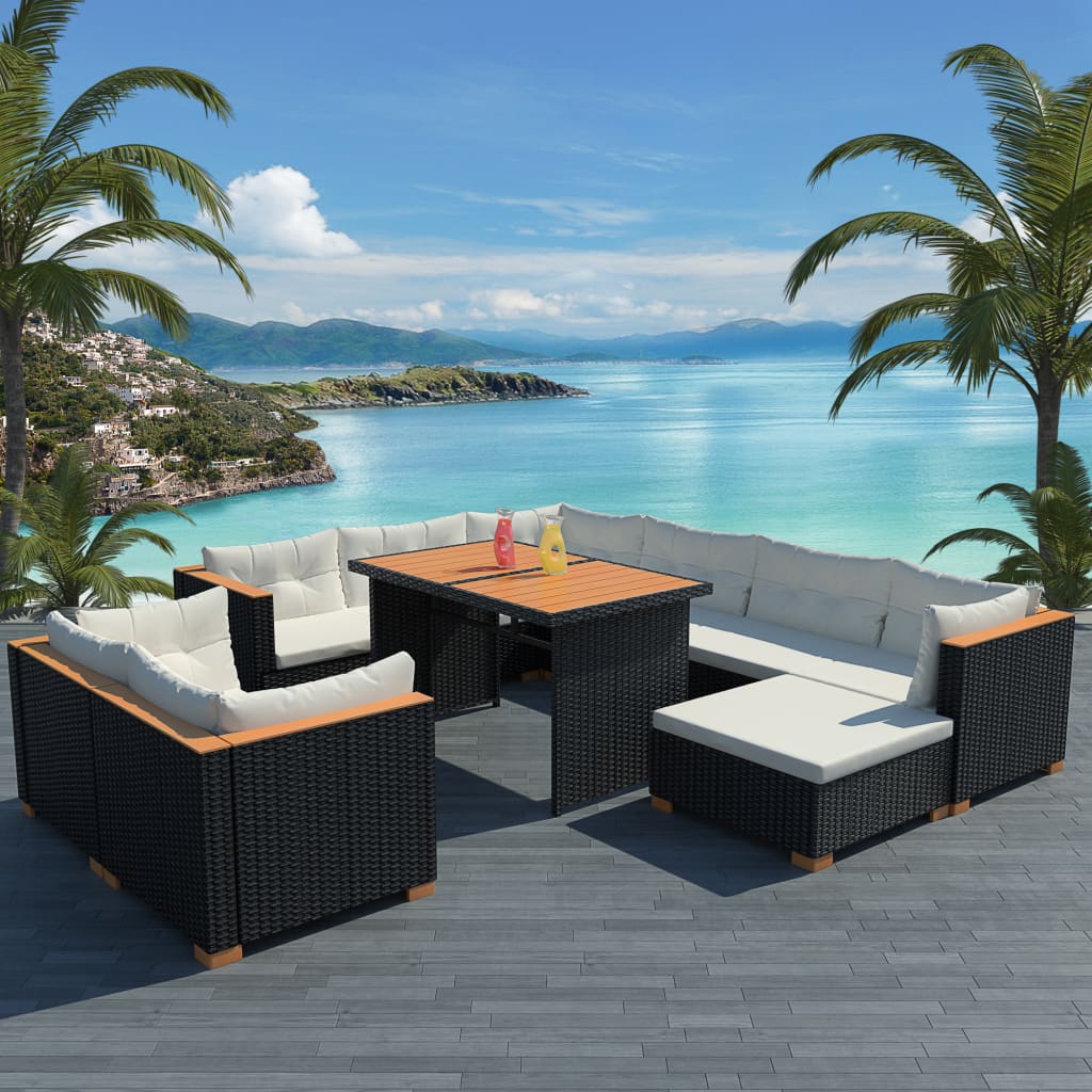 Set Divani da Giardino 10 pz con Cuscini in Polyrattan Nero