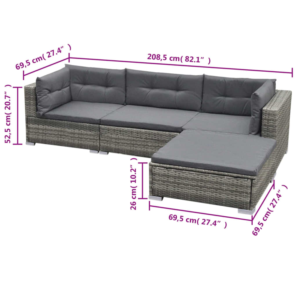 Set Divani da Giardino 5 pz con Cuscini in Polyrattan Grigio