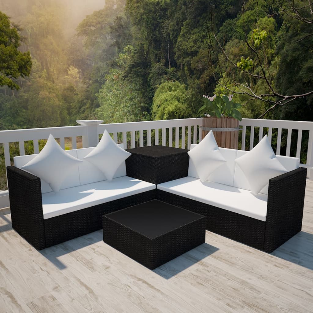 Set Divani da Giardino 4 pz con Cuscini in Polyrattan Nero