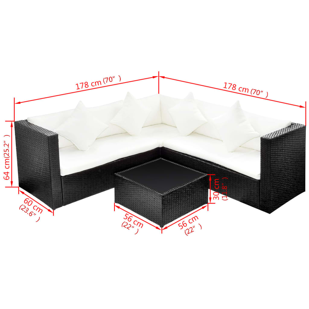 Set Divani da Giardino 4 pz con Cuscini in Polyrattan Nero