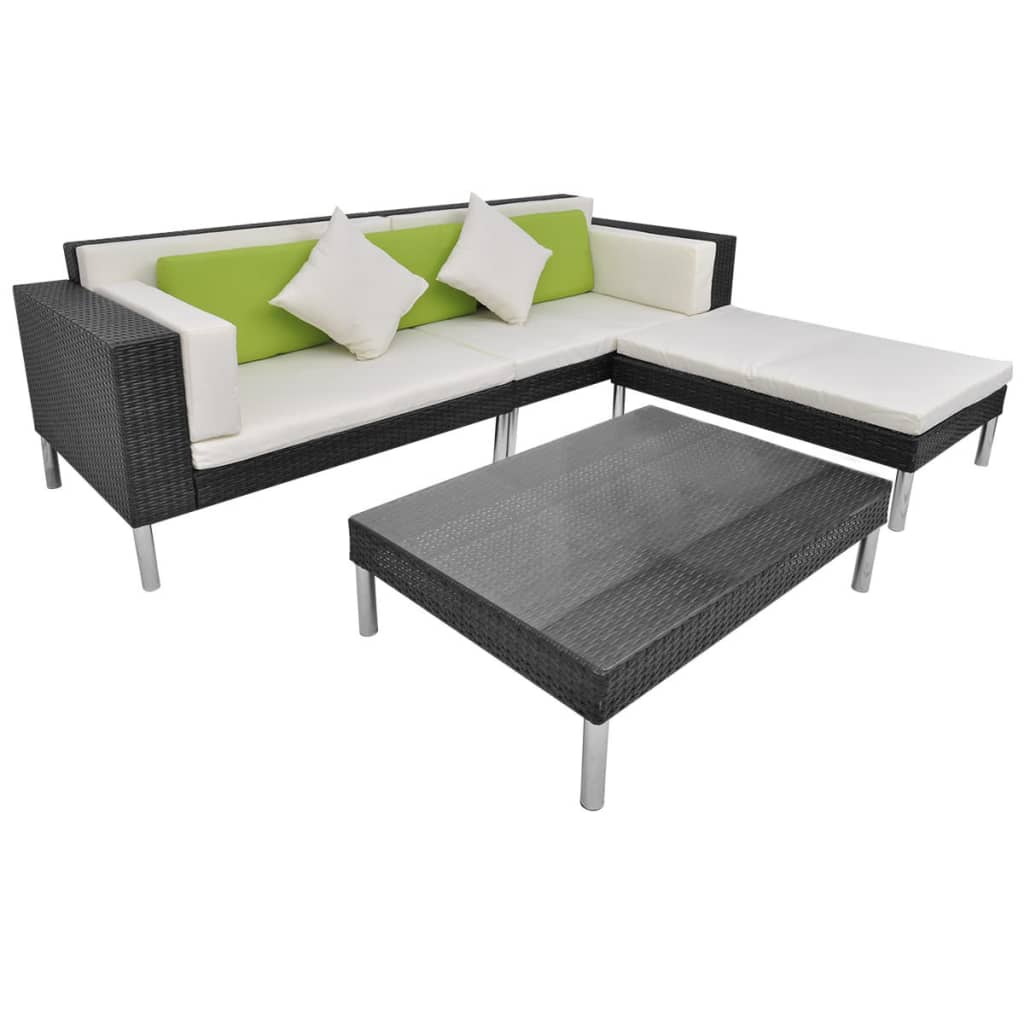 Set Divani da Giardino 4 pz con Cuscini in Polyrattan Nero