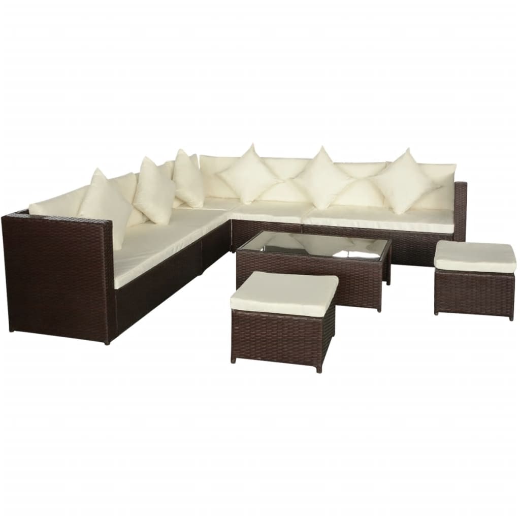 Set Divani da Giardino 8 pz con Cuscini in Polyrattan Marrone