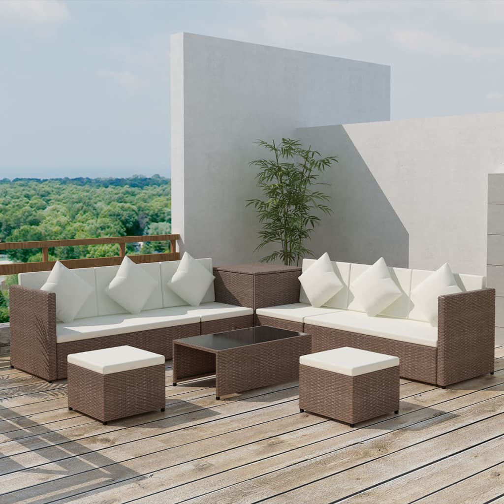 Set Divani da Giardino 8 pz con Cuscini in Polyrattan Marrone