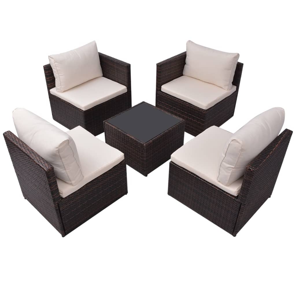 Set Divani da Giardino 5 pz con Cuscini in Polyrattan Marrone