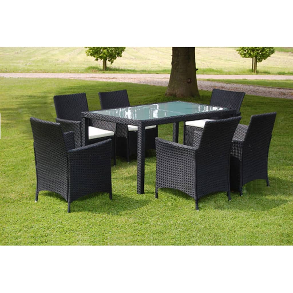 Set da Pranzo da Giardino 7 pz con Cuscini in Polyrattan Nero