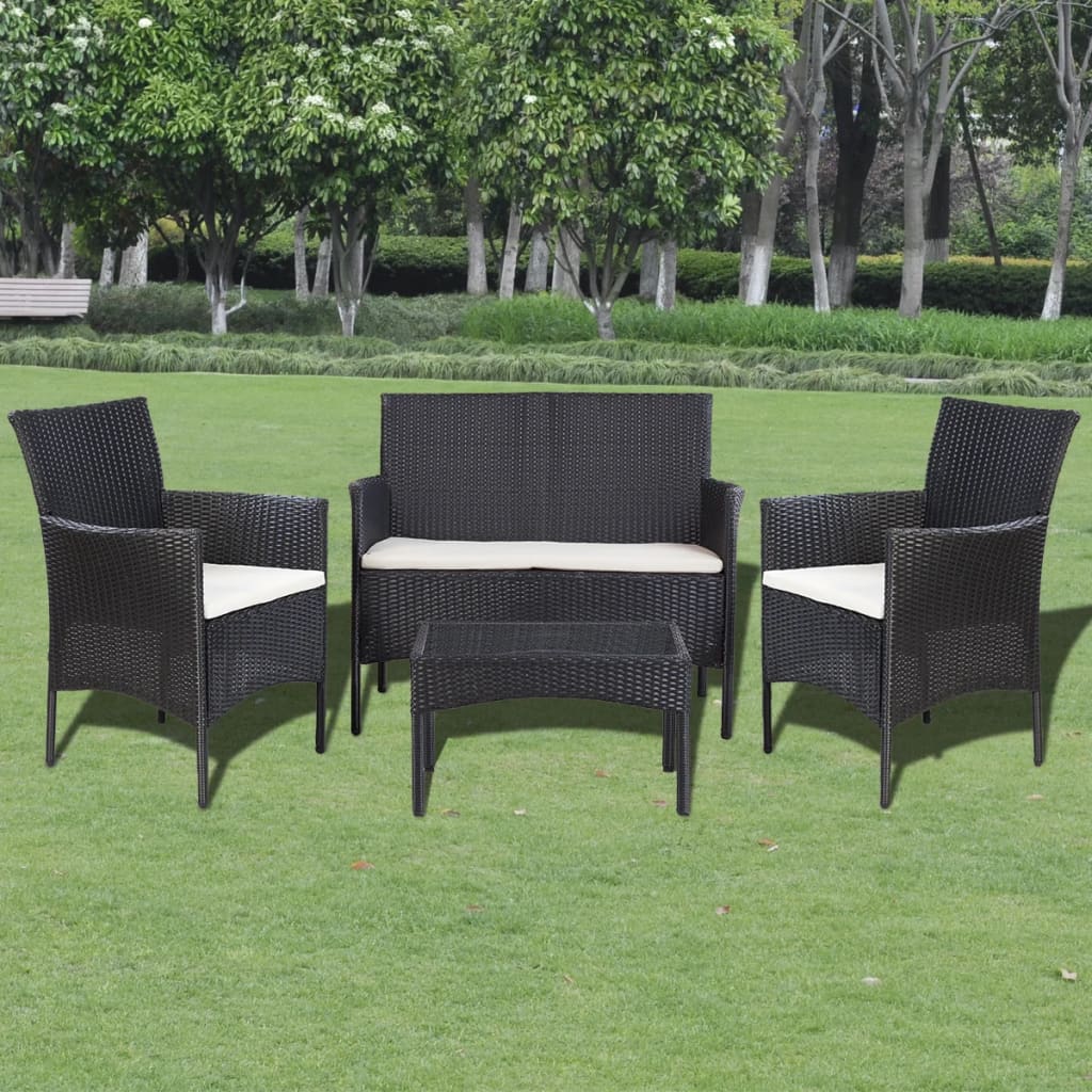 Set Divani da Giardino 4 pz con Cuscini in Polyrattan Nero