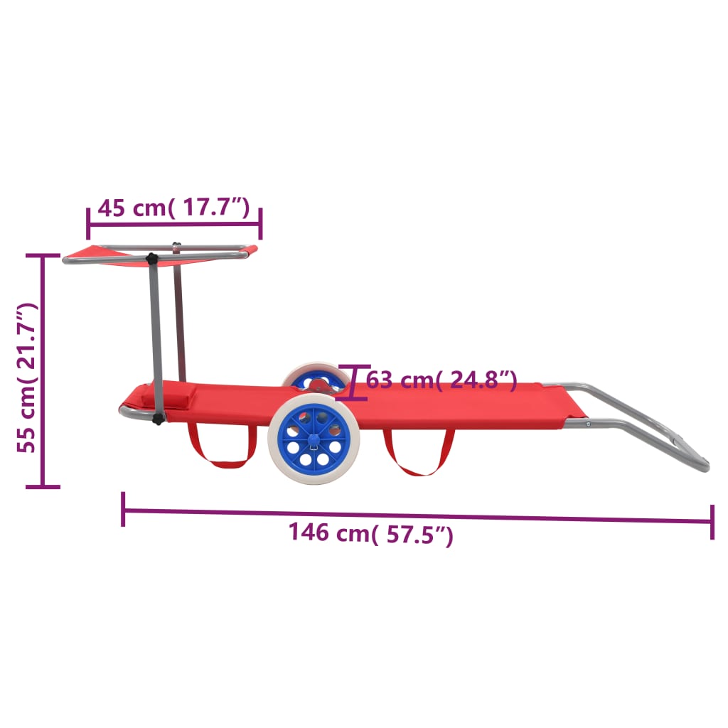 Lettino Prendisole Pieghevole Baldacchino e Ruote Acciaio Rosso
