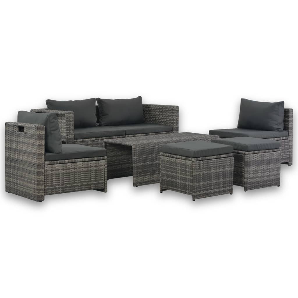 Set Divani da Giardino 6 pz con Cuscini in Polyrattan Grigio