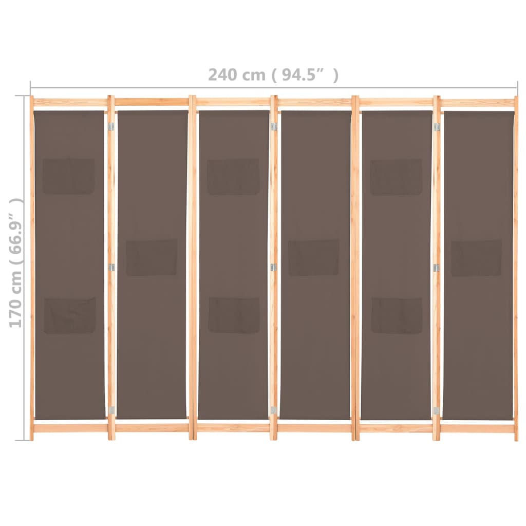 Divisorio a 6 Pannelli Marrone 240x170x4 cm in Tessuto