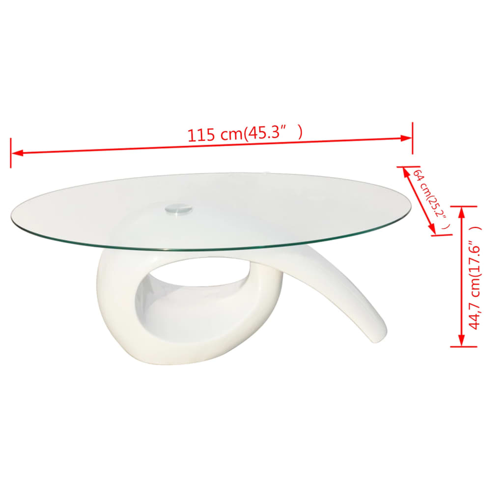 Tavolino da Salotto con Ripiano Ovale in Vetro Bianco Lucido