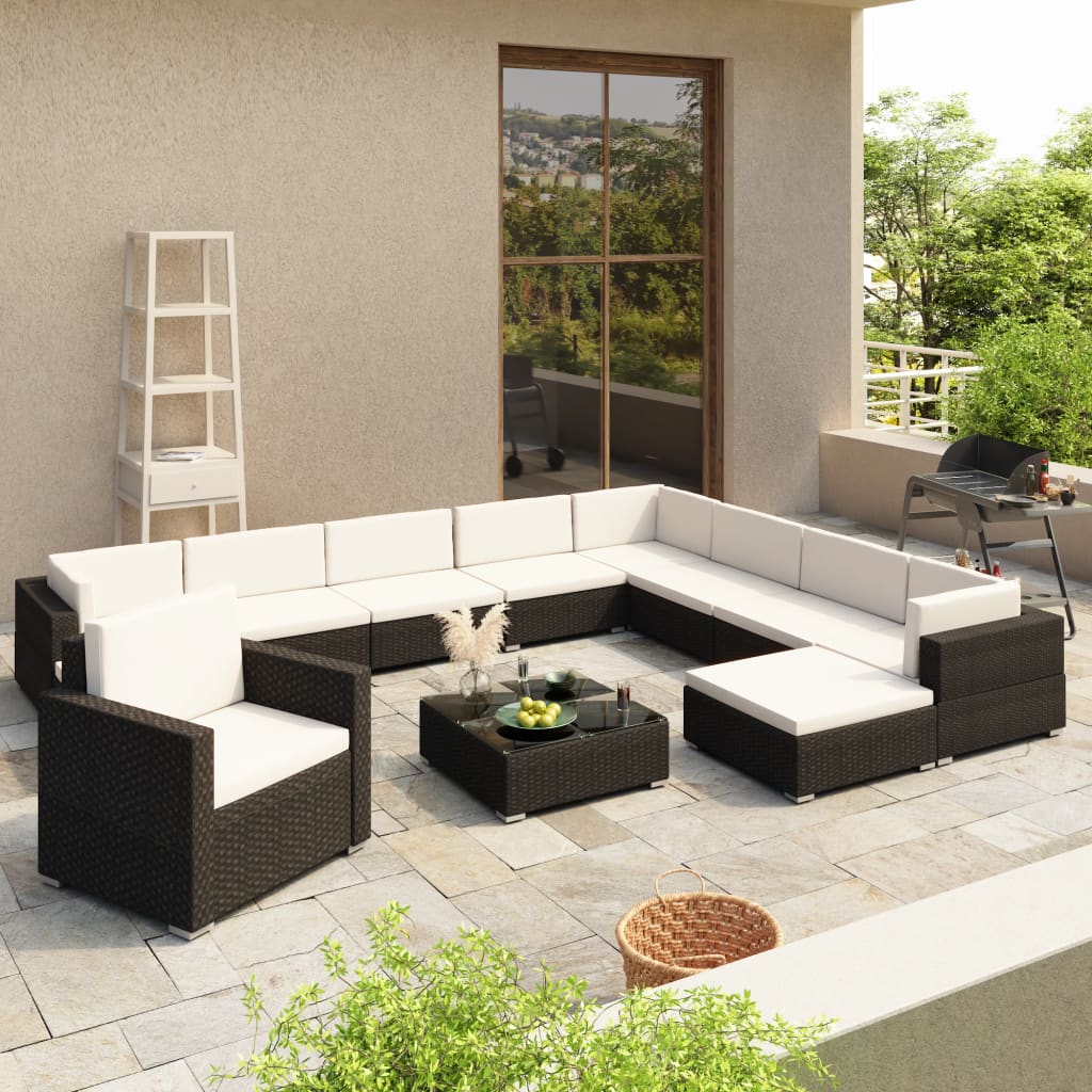 Set Divani da Giardino 12 pz con Cuscini in Polyrattan Nero