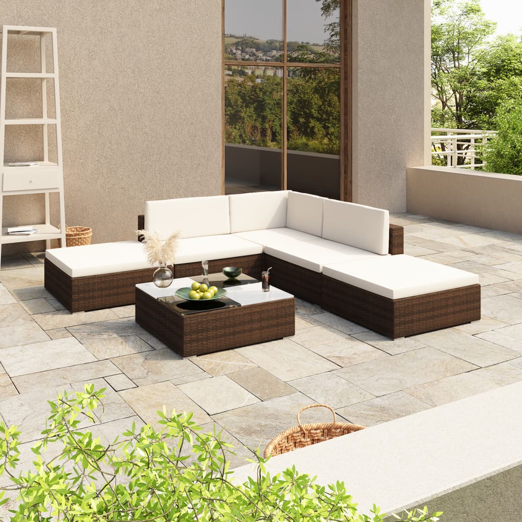 Set Divani da Giardino 6 pz con Cuscini in Polyrattan Marrone