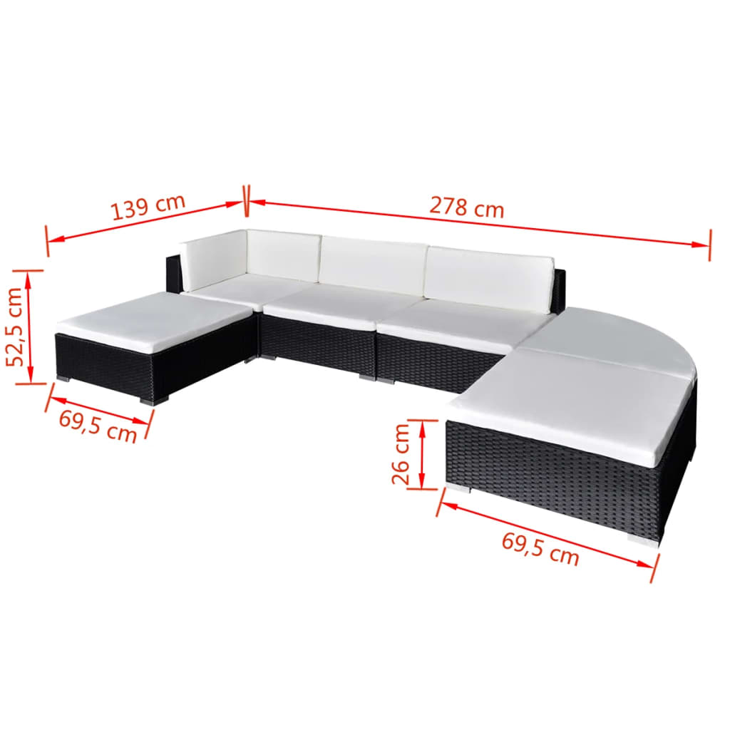 Set Divani da Giardino 6 pz con Cuscini in Polyrattan Nero