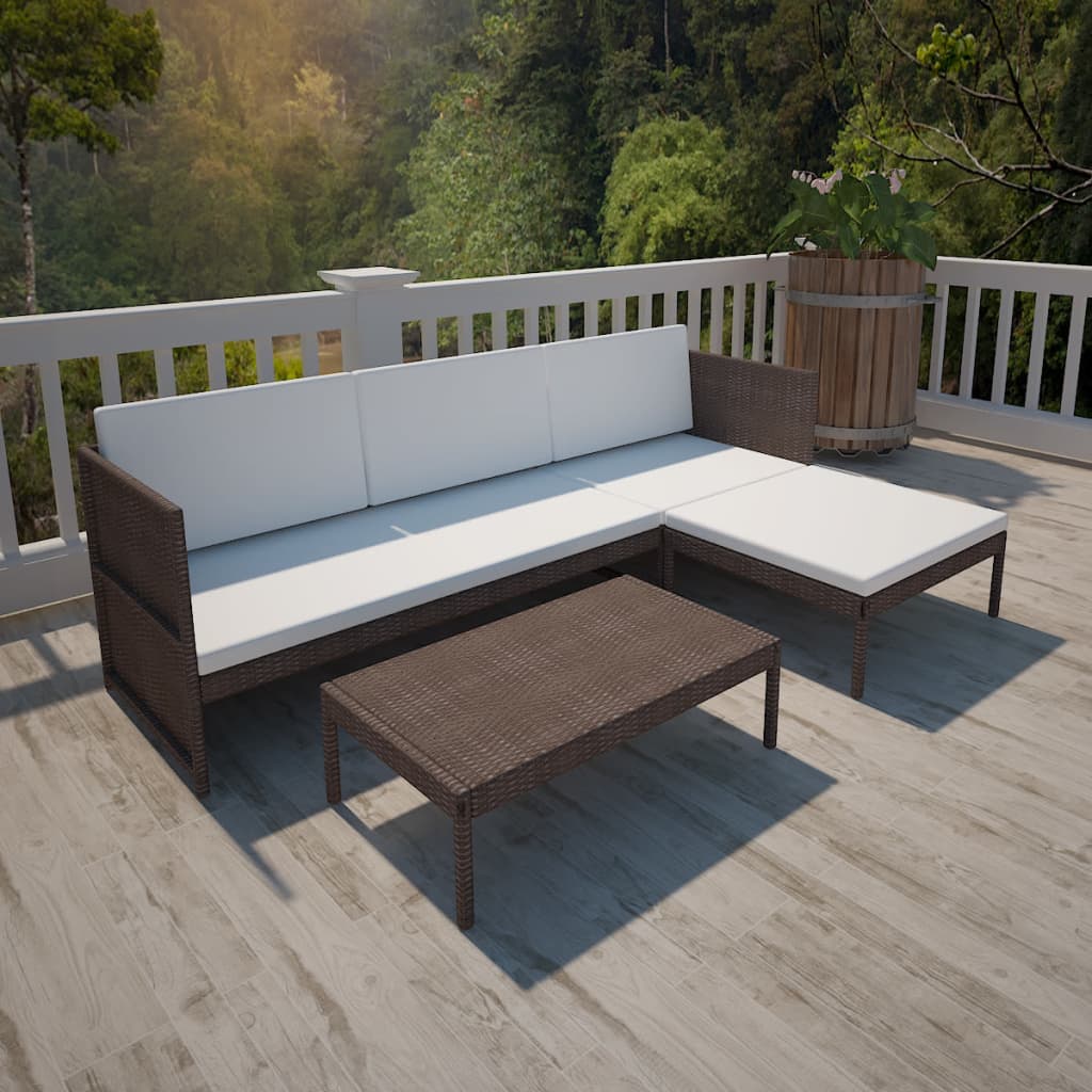 Set Salotto da Giardino 3pz con Cuscini in Polyrattan Marrone