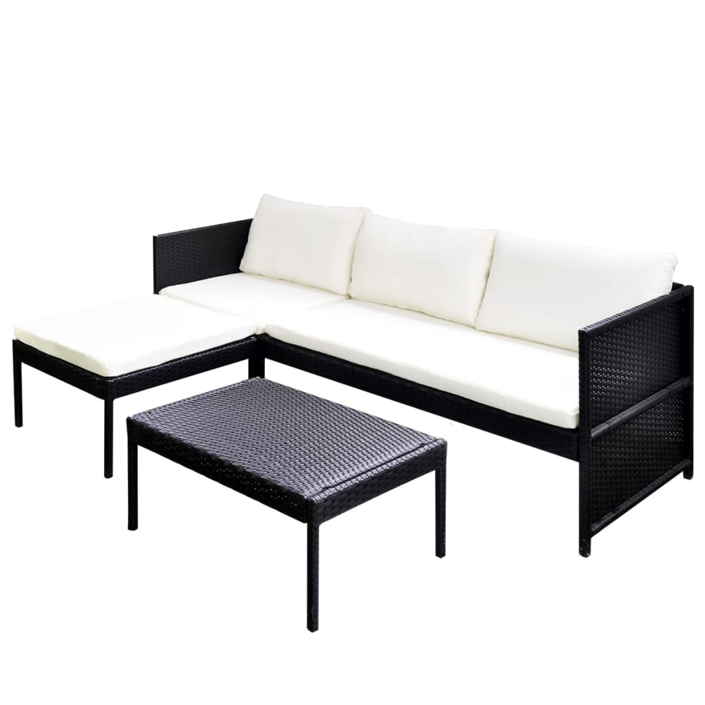 Set Salotto da Giardino 3pz con Cuscini in Polyrattan Nero