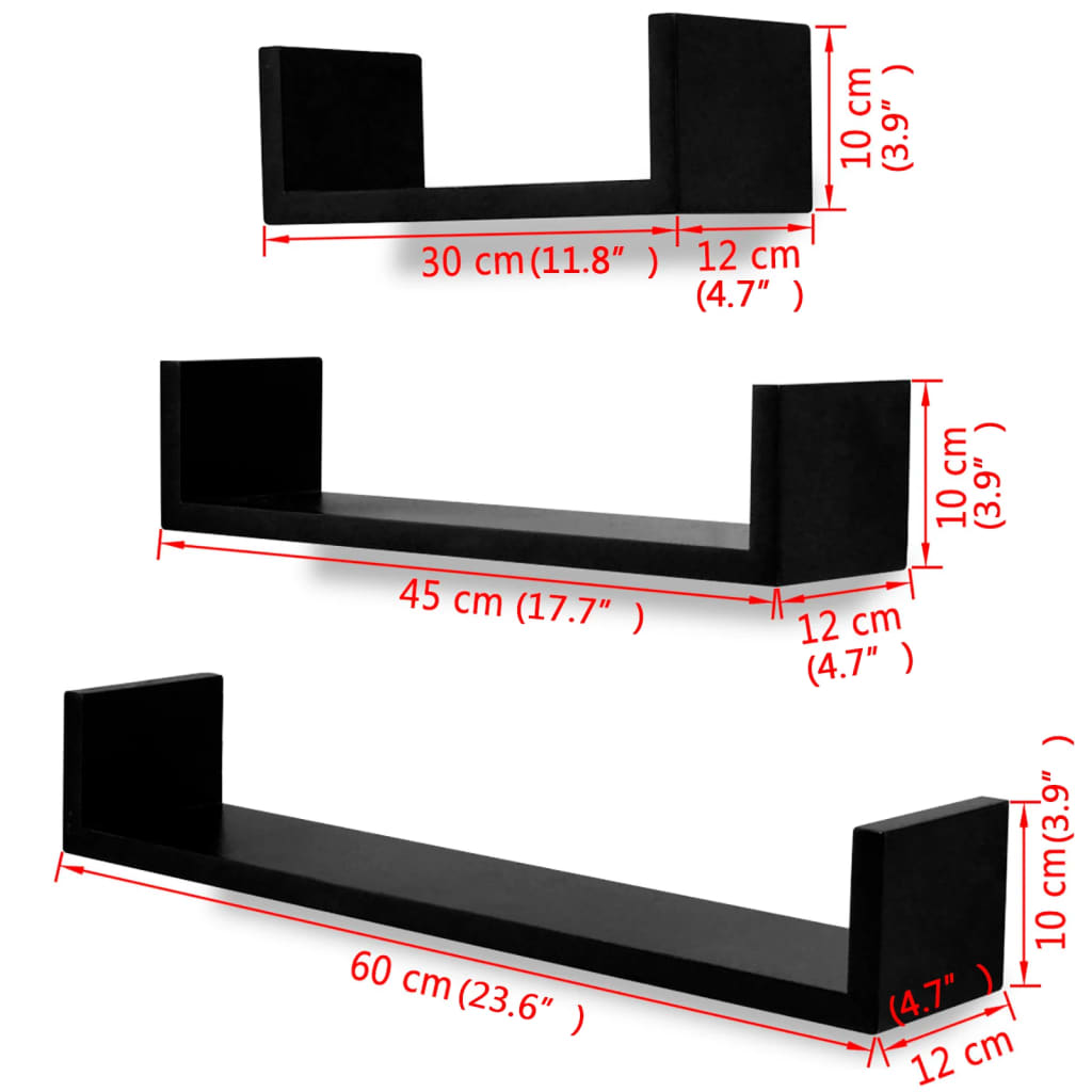 Mensole a Parete 3 pz Nere in MDF a U per Libri/DVD