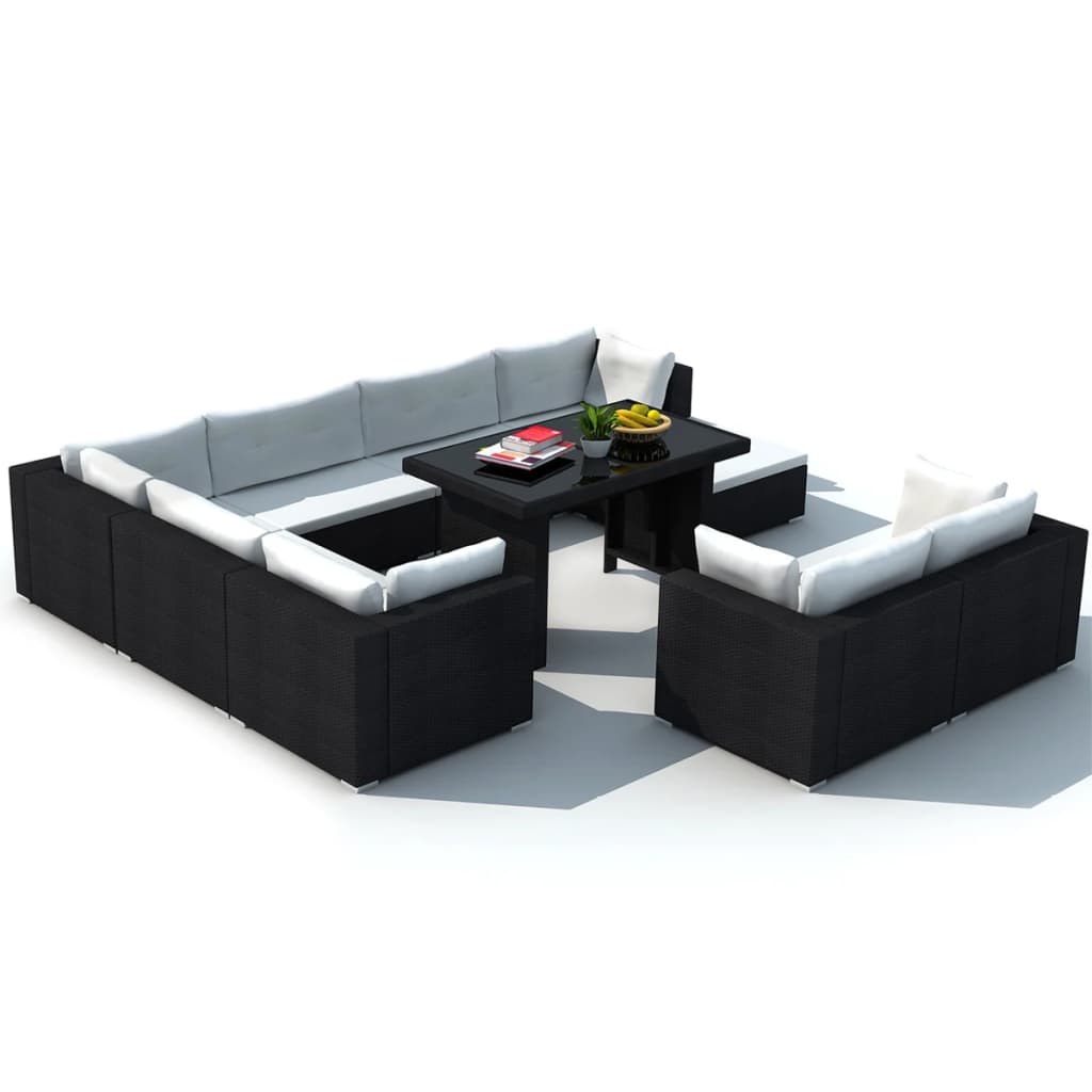 Set Divani da Giardino 10 pz con Cuscini in Polyrattan Nero