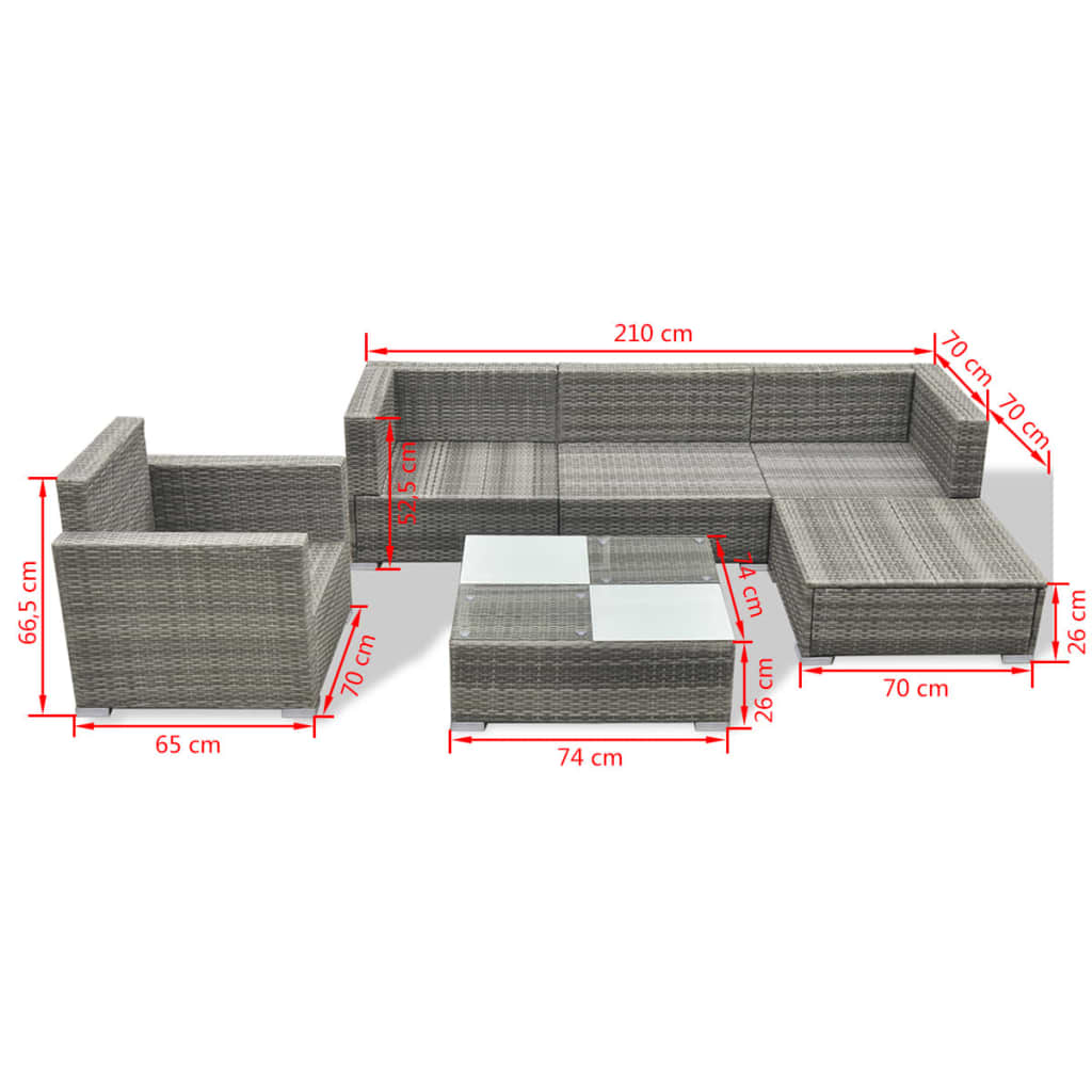 Set Divani da Giardino 6 pz con Cuscini in Polyrattan Grigio