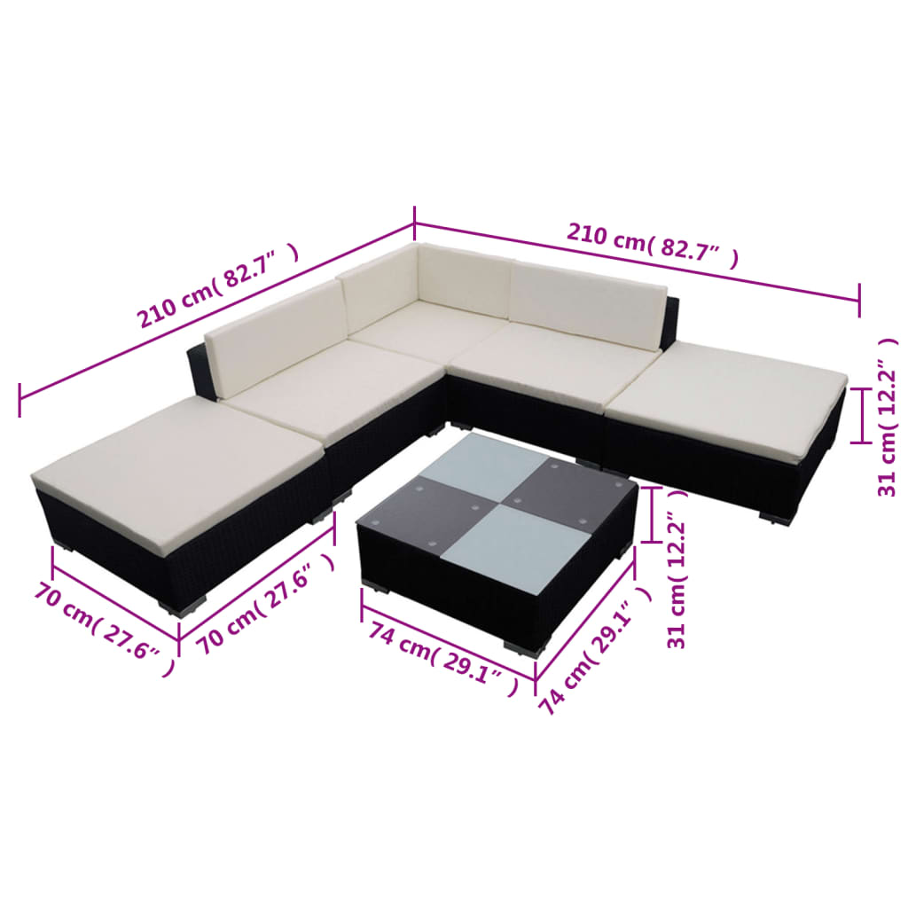 Set Divani da Giardino 6 pz con Cuscini in Polyrattan Nero