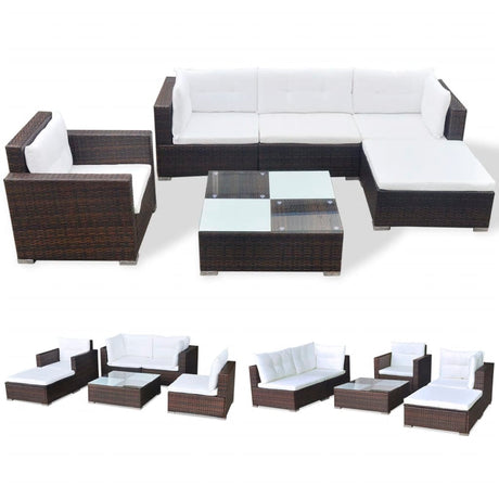 Set Divani da Giardino 6 pz con Cuscini in Polyrattan Marrone