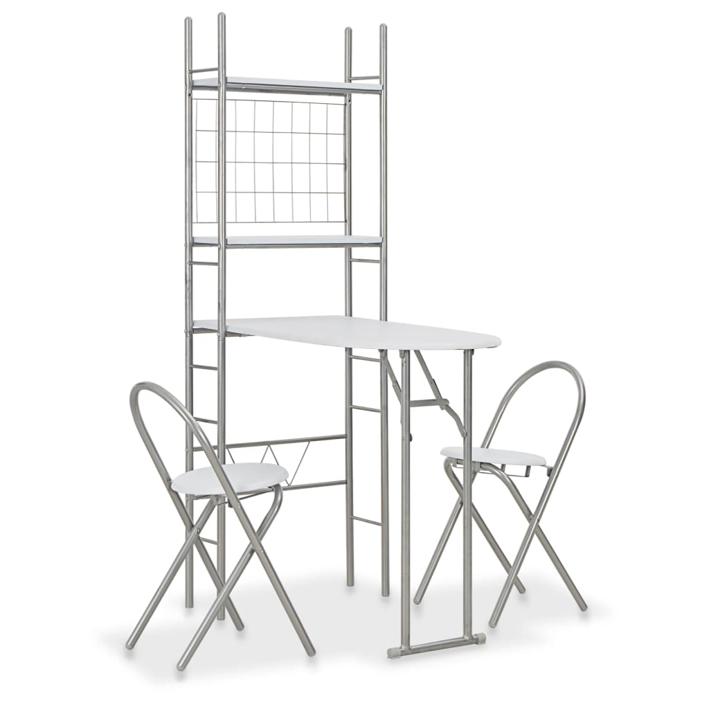 Set Tavolo Sedie Pieghevoli con Scaffale 3pz MDF Acciaio Bianco