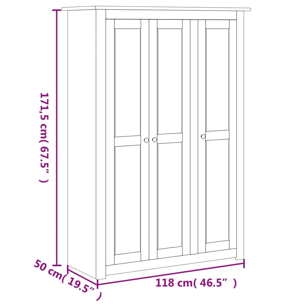 Armadio a 3 Ante 118x50x171,5cm Legno di Pino Panama Range