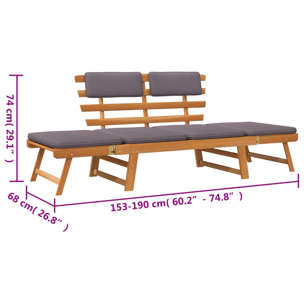 Lettino da Giardino 2 in 1 con Cuscino 190 cm Massello Acacia