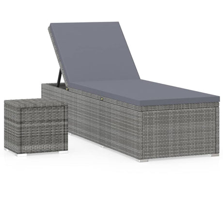 Lettino Prendisole con Cuscino e Tavolino in Polyrattan Grigio