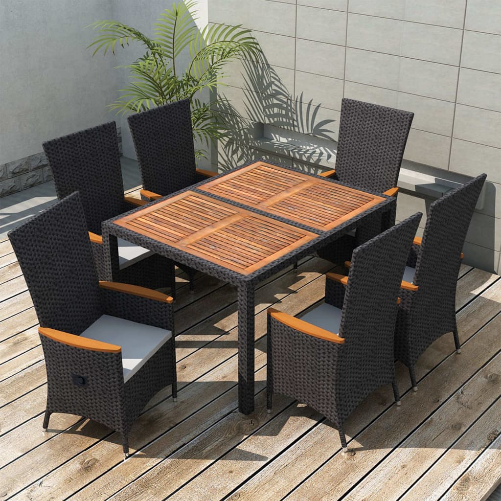 Set da Pranzo da Giardino 7 pz in Polyrattan e Acacia Nero