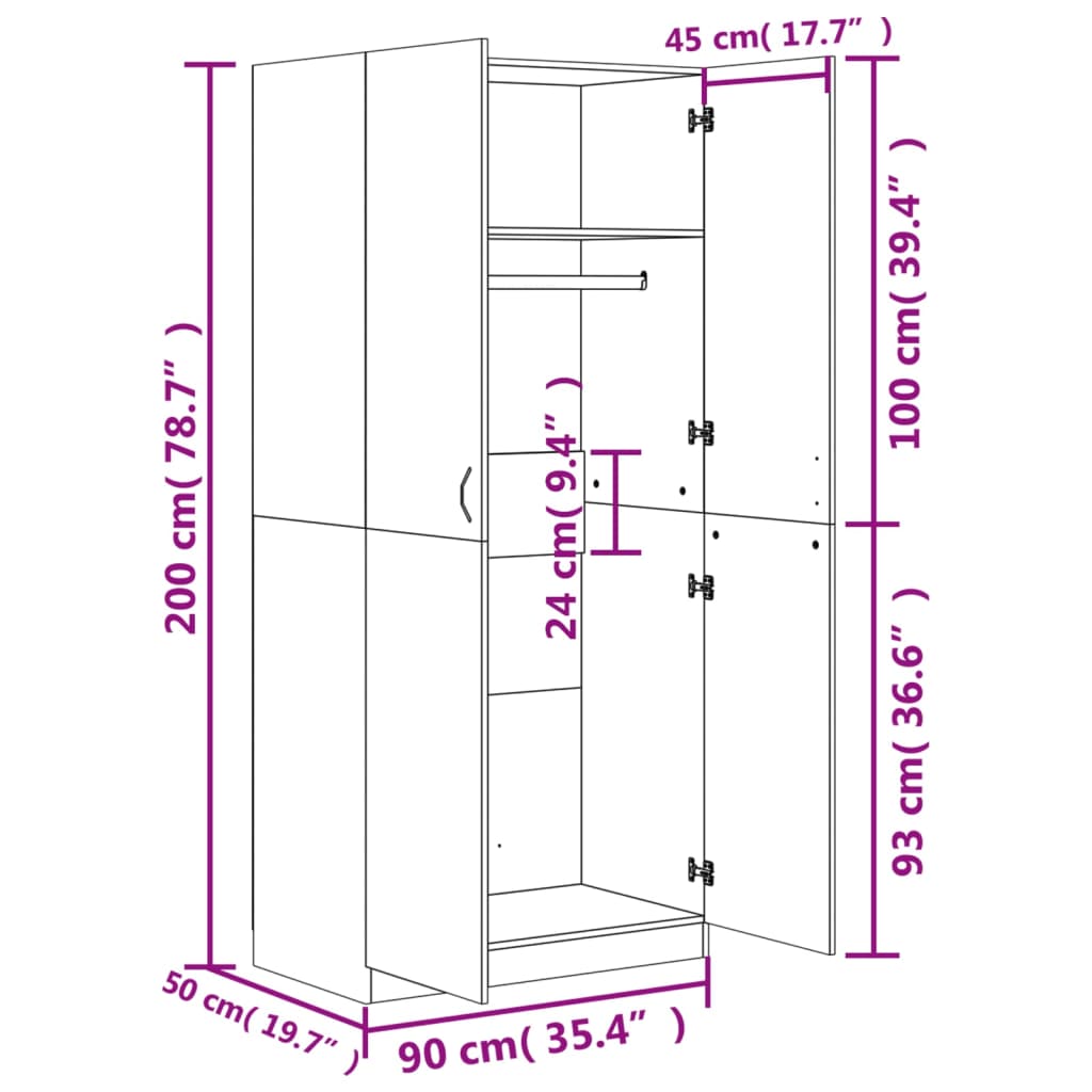 Armadio Grigio Cemento 90x52x200 cm in Legno Multistrato