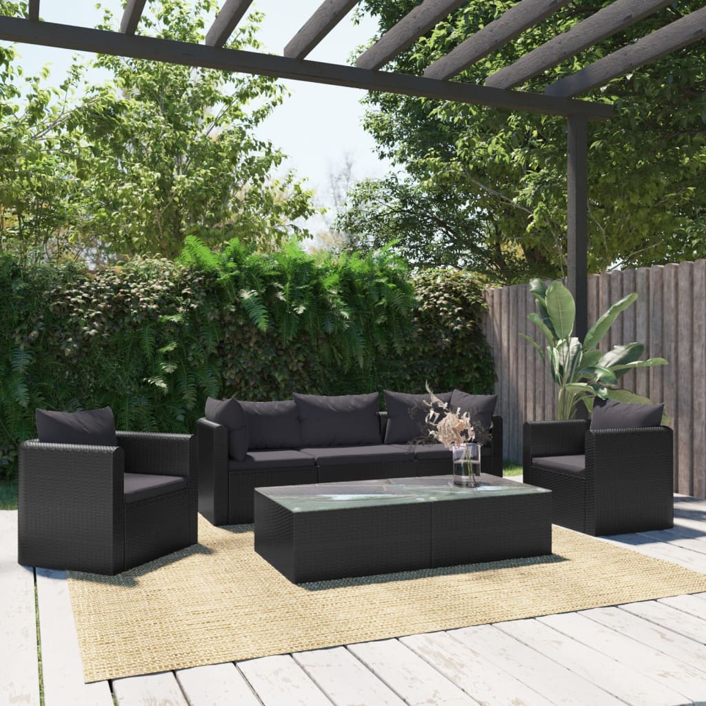 Set Divani da Giardino 7 pz con Cuscini in Polyrattan Nero