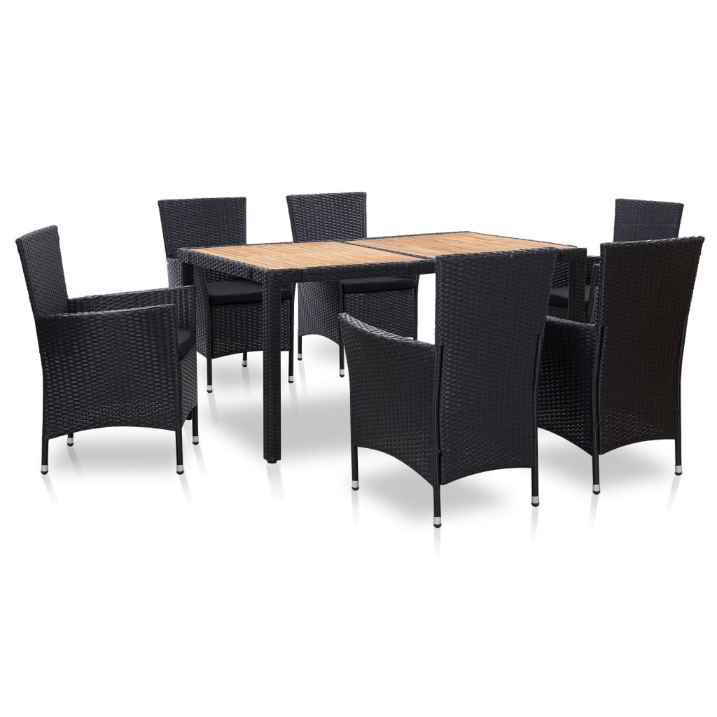 Set da Pranzo da Giardino 7 pz con Cuscini in Polyrattan Nero