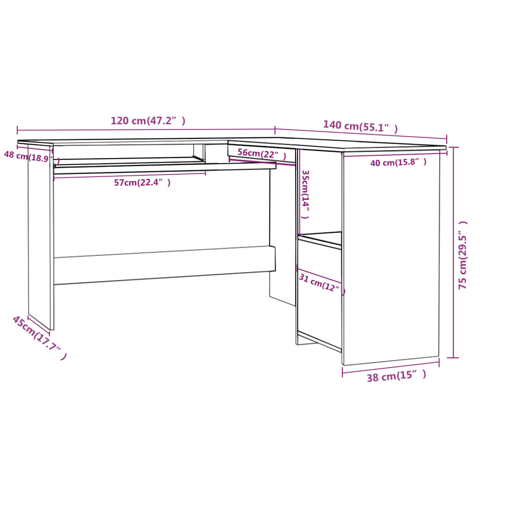 Scrivania Angolare a L Nera 120x140x75cm in Legno Multistrato