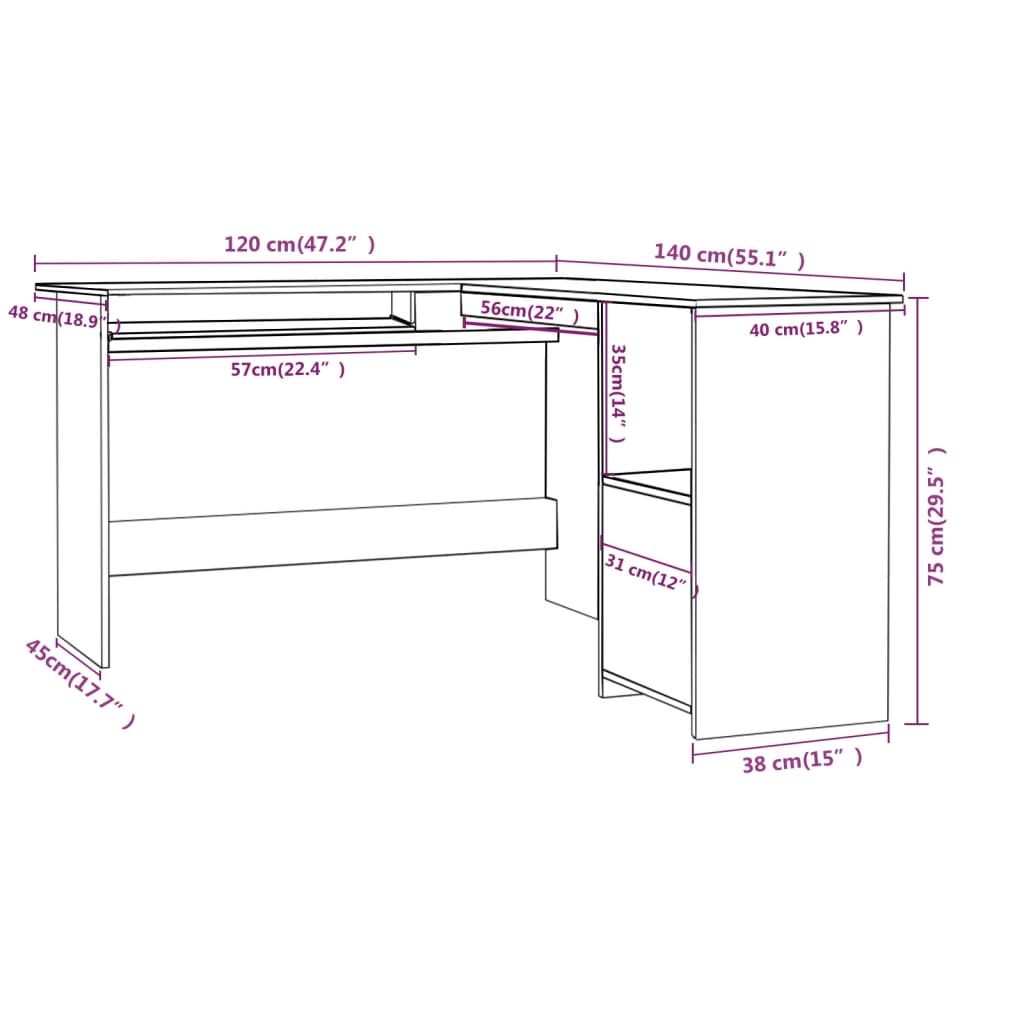 Scrivania Angolare a L Grigio Cemento 120x140x75cm Multistrato