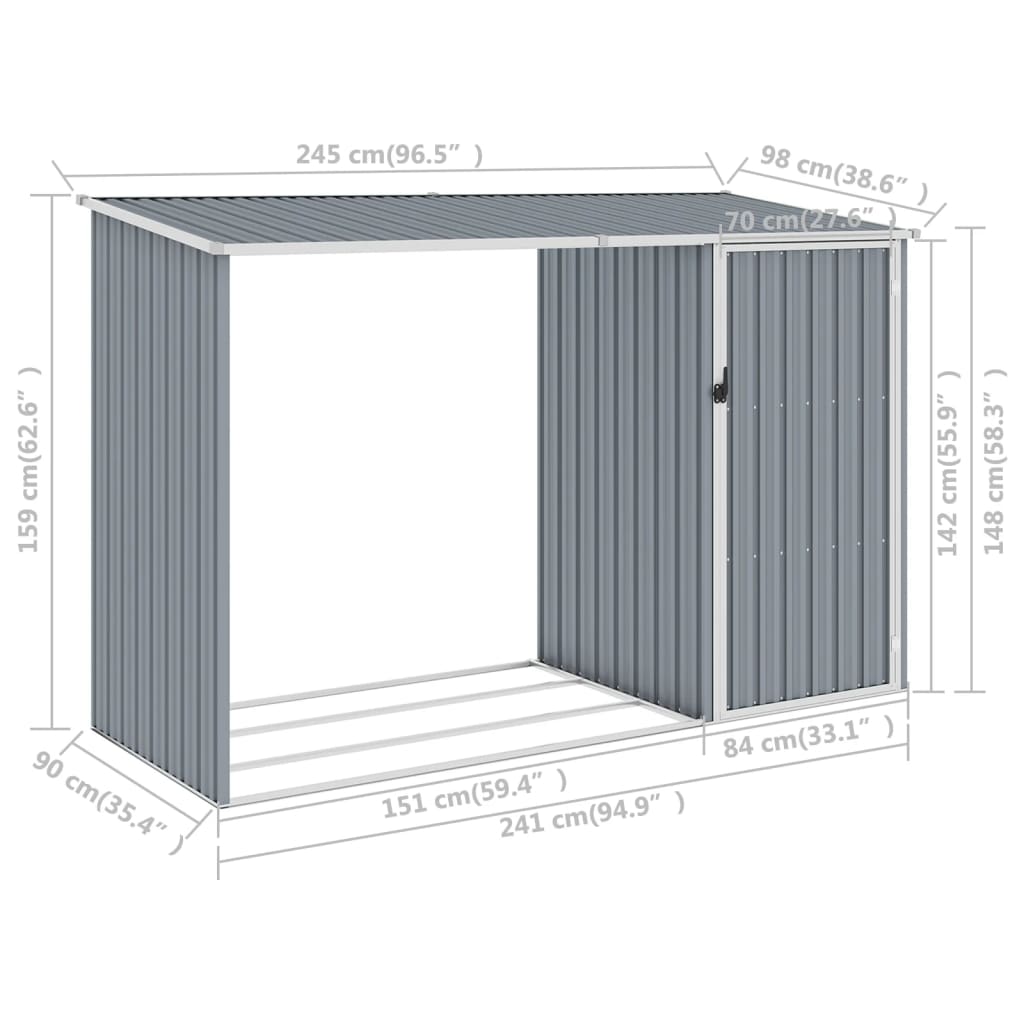 Capanno per Legna Grigio 245x98x159 cm in Acciaio Zincato