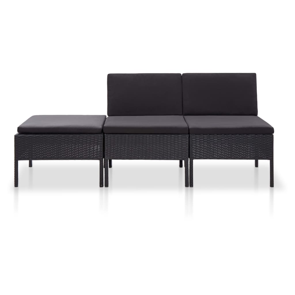 Set Divani da Giardino 3 pz con Cuscini in Polyrattan Nero