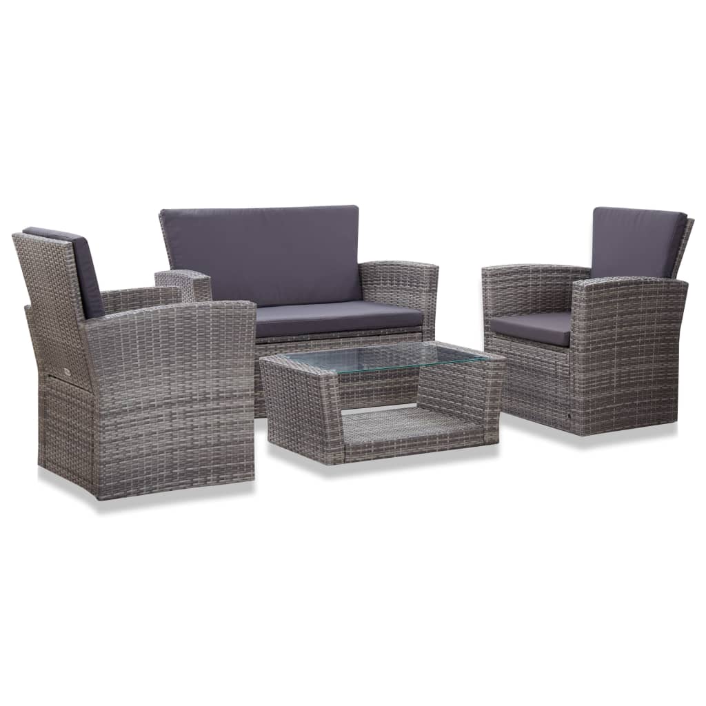 Set Divani da Giardino 4 pz con Cuscini in Polyrattan Grigio