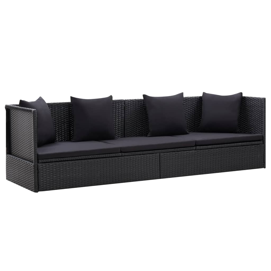 Lettino da Giardino con Cuscini in Polyrattan Nero